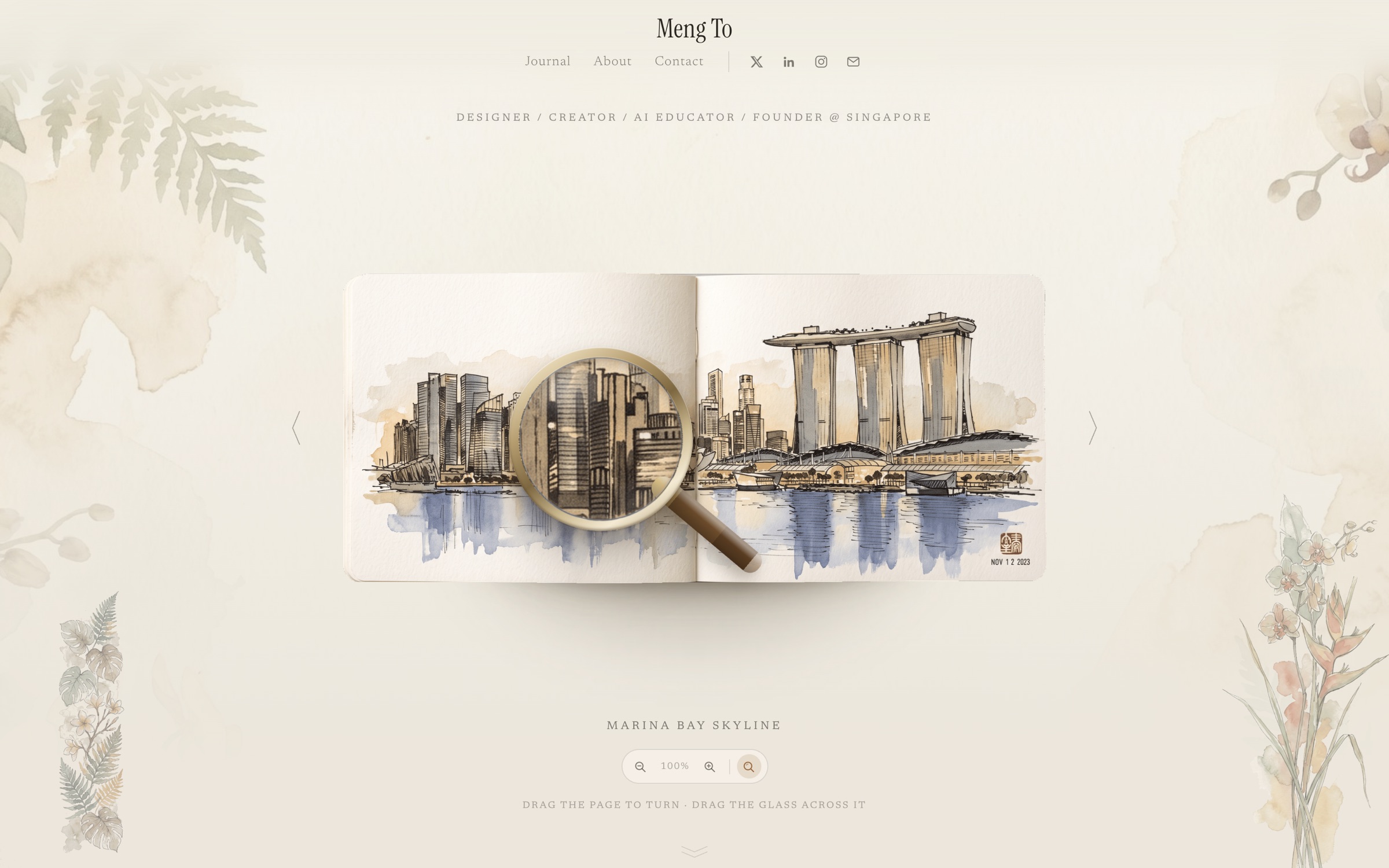 An open sketchbook showing the Marina Bay skyline