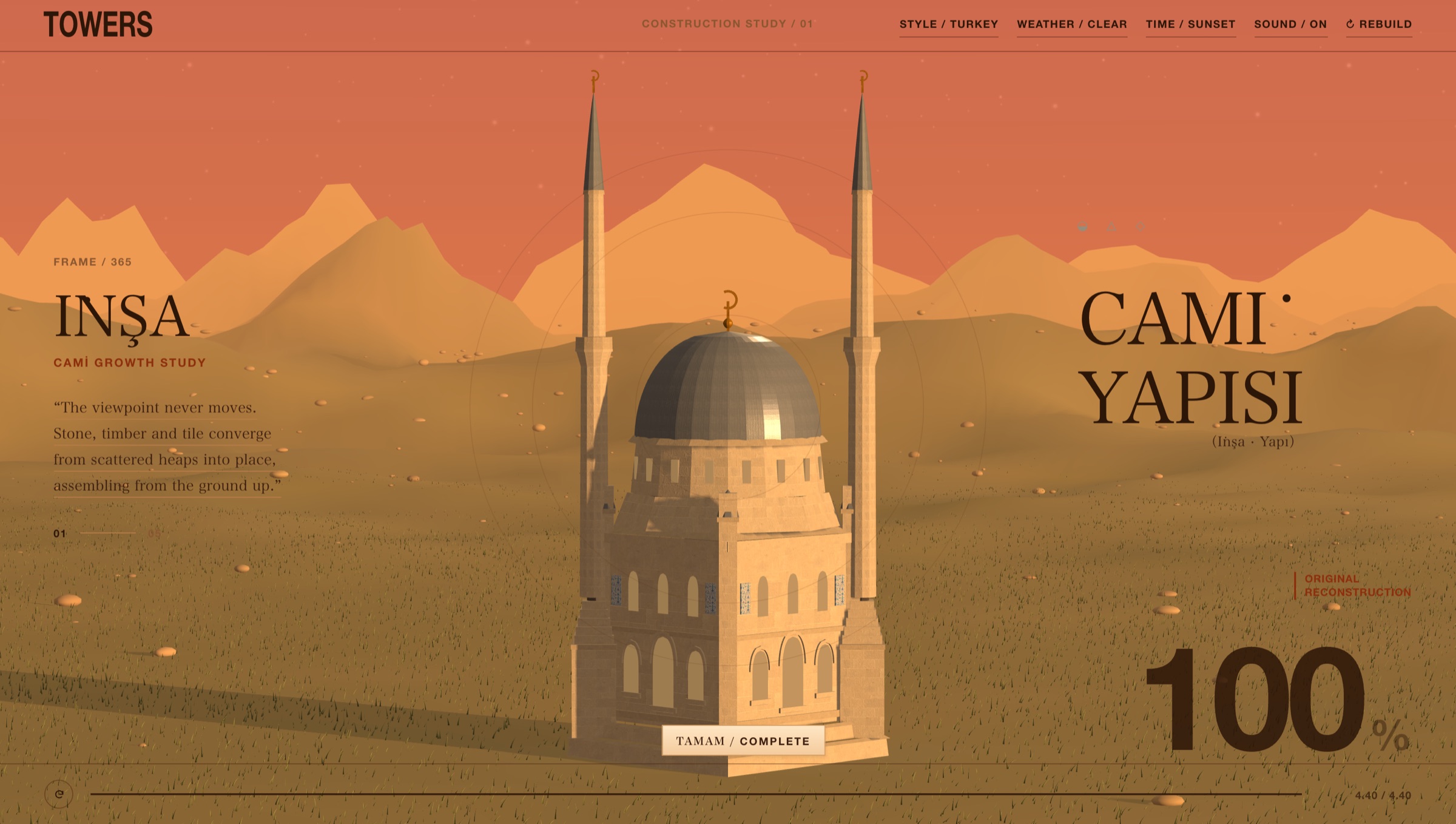 The Ottoman mosque at sunset between two minarets