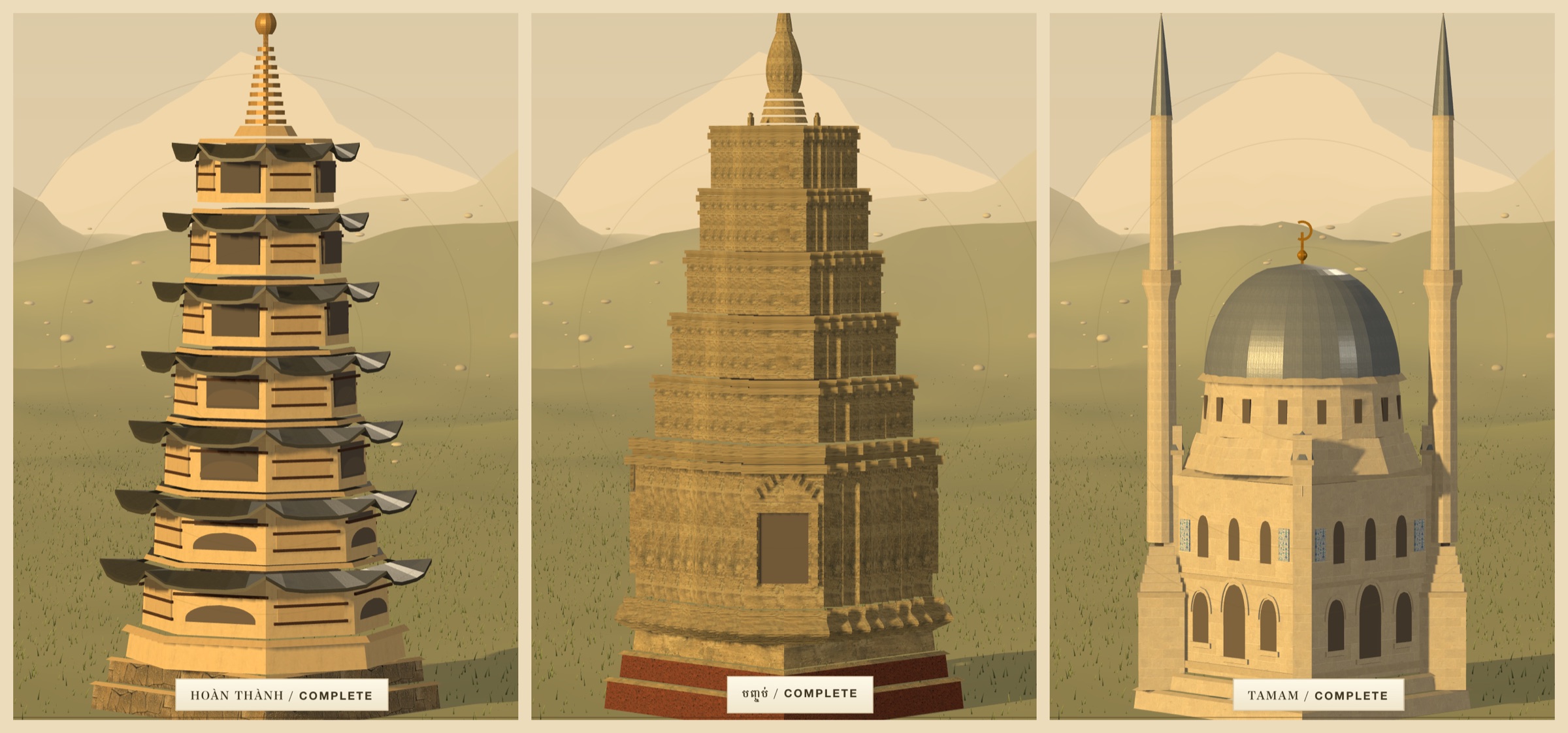 The Vietnamese thap, Khmer prasat and Ottoman mosque side by side